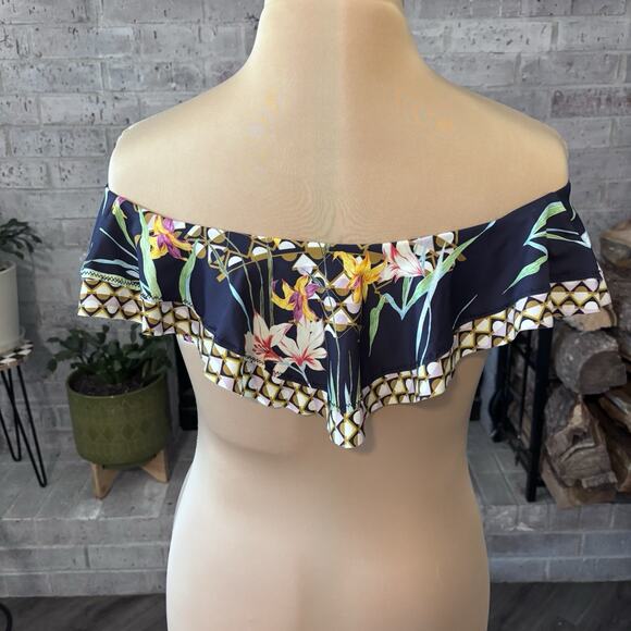 Trina Turk Off Shoulder Bandeau Bikini Top Size 4 Ruffle Swimsuit Fiji Tropical - Picture 4 of 7